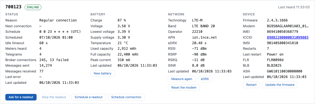 A gateway's card as an administrator sees it: New battery, eDRX, Reset the modem and Update the firmware