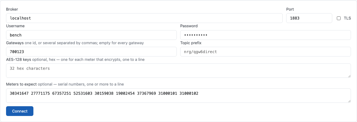 The form, filled for a broker on the bench's own machine: localhost, port 1883, no TLS, one gateway, and eight meters to expect