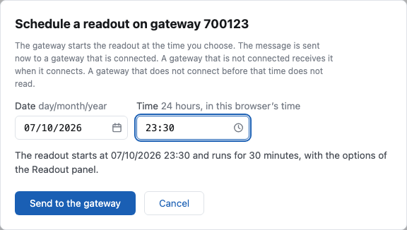 The dialog for a readout at a chosen time: a date, a time, and a sentence that says when the readout starts and how long it runs
