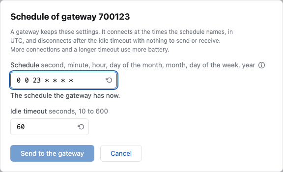 The schedule dialog: the gateway's own schedule and idle timeout, each box with a turning arrow that writes the usual value, and an (i) after the schedule's name